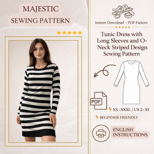 Woman wearing black and white Tunic Dress with Long Sleeves and O-Neck Striped Design Sewing Pattern PDF instant download XS-XXXL