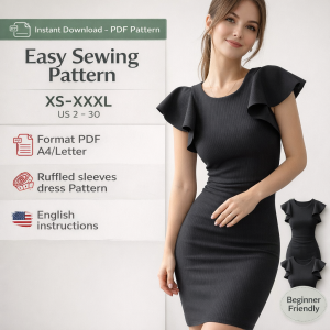 Woman wearing black ribbed dress with ruffled sleeves, easy sewing pattern PDF download in sizes XS-XXXL, beginner friendly