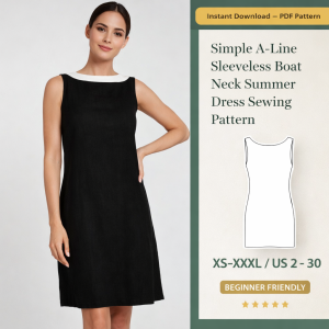 Woman wearing black Simple A-Line Sleeveless Boat Neck Summer Dress with white collar trim, beginner-friendly PDF sewing pattern XS-XXXL