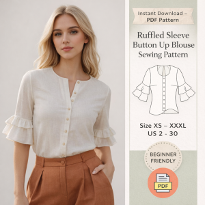 Woman wearing cream ruffled sleeve button up blouse with brown pants, shown with beginner-friendly PDF sewing pattern XS-XXXL