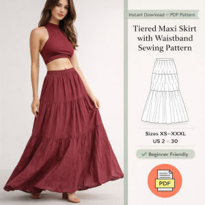 Woman wearing burgundy tiered maxi skirt with waistband sewing pattern PDF download sizes XS-XXXL beginner friendly