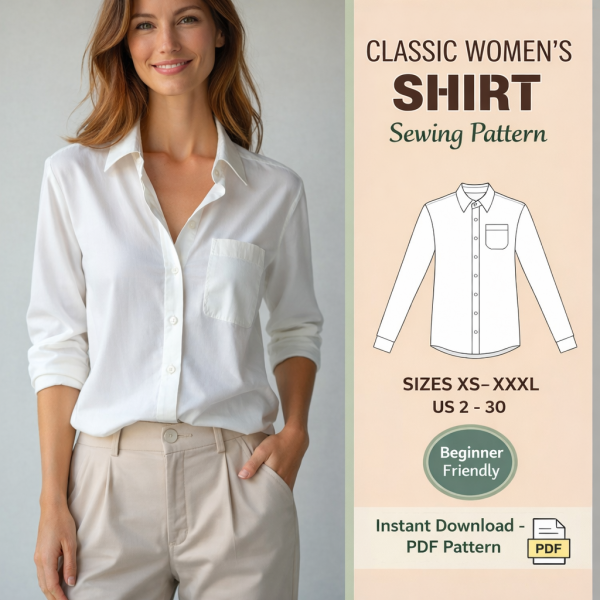 Woman wearing white button-up shirt with beige pants showcasing classic women's shirt sewing pattern PDF in sizes XS-XXXL
