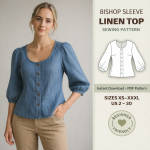 Woman wearing blue bishop sleeve linen top with button front, showcasing beginner-friendly sewing pattern available in sizes XS-XXXL