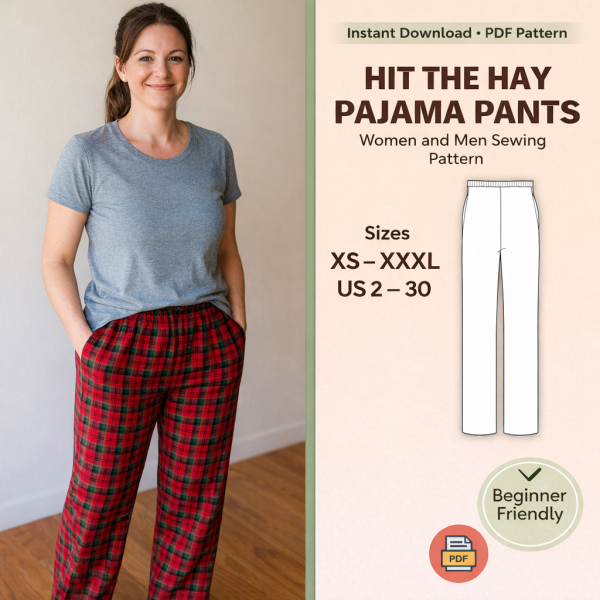 Woman wearing red plaid pajama pants made from Hit the Hay Pajama Pants Women and Men Sewing Pattern, sizes XS-XXXL
