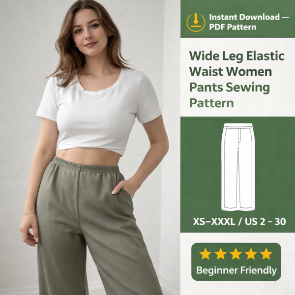 Woman wearing olive green wide leg elastic waist pants with white crop top showcasing beginner friendly sewing pattern PDF