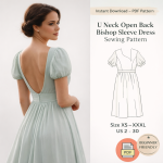 Woman wearing elegant sage green U Neck Open Back Bishop Sleeve Dress with PDF sewing pattern illustration sizes XS to XXXL