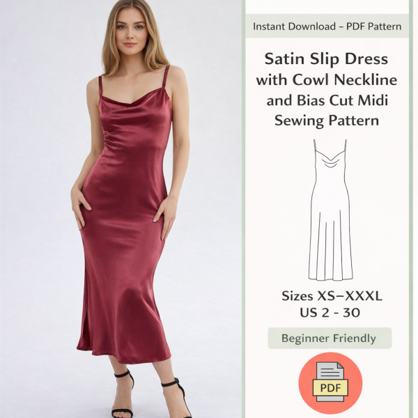 Burgundy satin slip dress with cowl neckline and bias cut midi sewing pattern PDF download sizes XS-XXXL beginner friendly