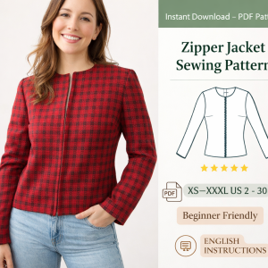 Woman wearing red and black plaid zipper jacket sewing pattern result with PDF pattern details sizes XS to XXXL beginner friendly