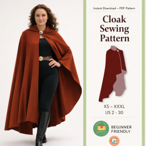 Woman modeling elegant rust-colored hooded cloak sewing pattern PDF download beginner friendly sizes XS to XXXL