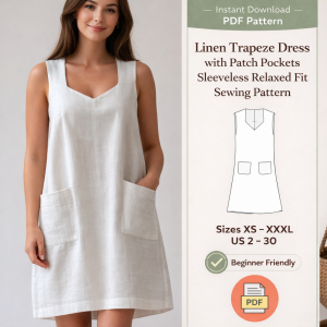Woman wearing white linen trapeze dress with patch pockets sleeveless relaxed fit sewing pattern PDF download sizes XS to XXXL