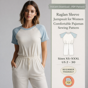 Woman wearing cream and blue raglan sleeve jumpsuit for women comfortable pajamas sewing pattern PDF sizes XS-XXXL