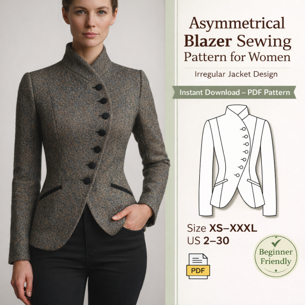 Woman wearing gray tweed asymmetrical blazer sewing pattern for women with irregular jacket design and diagonal button closure