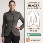 Woman wearing fitted gray tweed asymmetrical blazer with black buttons and stand collar from beginner-friendly sewing pattern