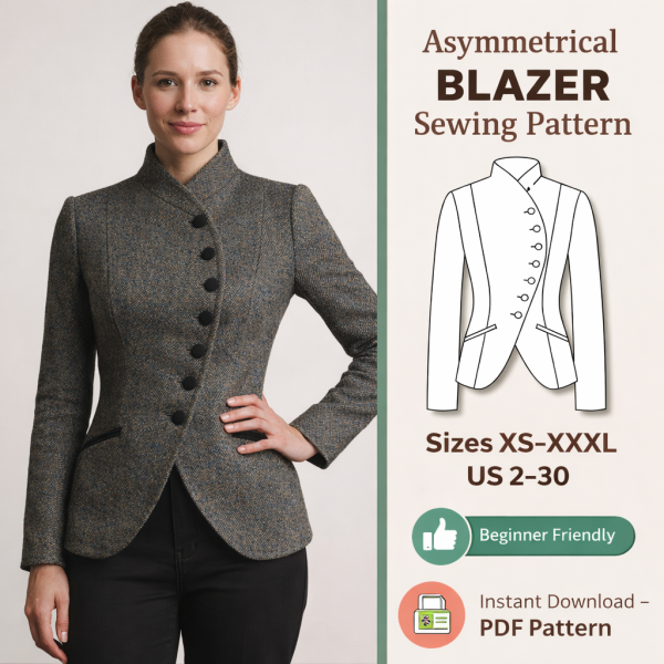 Woman wearing fitted gray tweed asymmetrical blazer with black buttons and stand collar from beginner-friendly sewing pattern