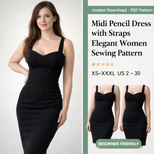 Woman wearing black midi pencil dress with straps elegant women sewing pattern featuring sweetheart neckline sizes XS-XXXL