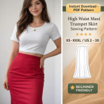 Woman wearing red high waist maxi trumpet skirt with white crop top, PDF sewing pattern download available in sizes XS-XXXL
