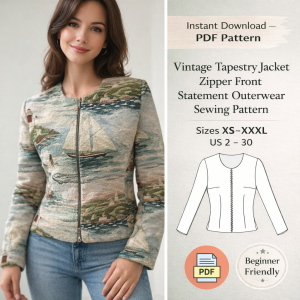 Woman wearing nautical sailboat print vintage tapestry jacket zipper front statement outerwear sewing pattern PDF sizes XS-XXXL