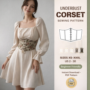 Woman wearing cream dress with floral underbust corset, showcasing beginner-friendly underbust corset sewing pattern in sizes XS-XXXL
