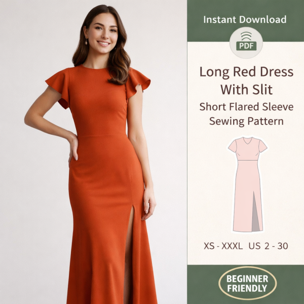 Woman wearing elegant long red dress with slit and short flared sleeves, beginner-friendly PDF sewing pattern XS-XXXL