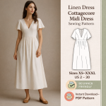 Woman wearing white linen dress cottagecore midi dress sewing pattern with flutter sleeves and V-neckline, beginner friendly PDF download