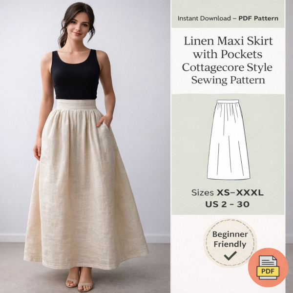 Woman wearing beige linen maxi skirt with pockets cottagecore style sewing pattern PDF download sizes XS to XXXL beginner friendly