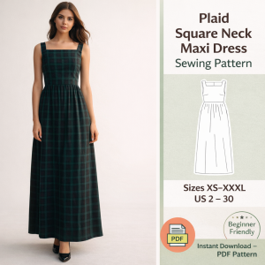 Woman wearing green plaid square neck maxi dress sewing pattern result with PDF pattern details sizes XS-XXXL