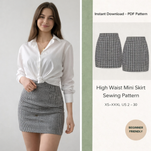 Woman wearing black and white gingham high waist mini skirt sewing pattern with white knotted shirt, beginner friendly PDF