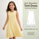 Girl wearing yellow sleeveless tent dress with line drawing of girls sleeveless tent dress sewing pattern for beginners