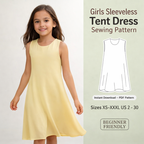 Girl wearing yellow sleeveless tent dress with line drawing of girls sleeveless tent dress sewing pattern for beginners
