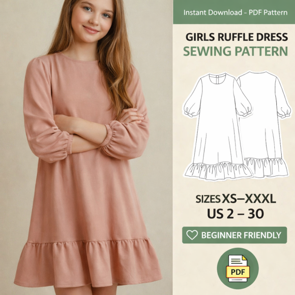 Girl wearing dusty pink long-sleeve dress with ruffle hem, showcasing beginner-friendly girls ruffle dress sewing pattern PDF