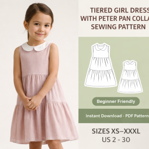 Girl wearing pink tiered dress with white Peter Pan collar sewing pattern, beginner friendly PDF download sizes XS-XXXL