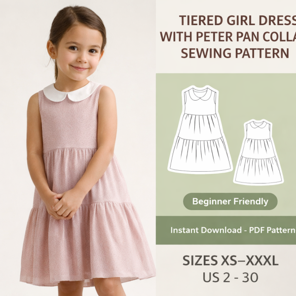 Girl wearing pink tiered dress with white Peter Pan collar sewing pattern, beginner friendly PDF download sizes XS-XXXL