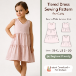 Girl wearing pink polka dot tiered dress sewing pattern for girls easy to make summer style with pattern sketches showing sizes XS-XL