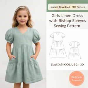 Girl wearing sage green linen dress with bishop sleeves and pockets, Girls Linen Dress with Bishop Sleeves Sewing Pattern PDF