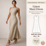 Woman wearing beige linen maxi dress sleeveless summer dress sewing pattern PDF download sizes XS-XXXL beginner friendly