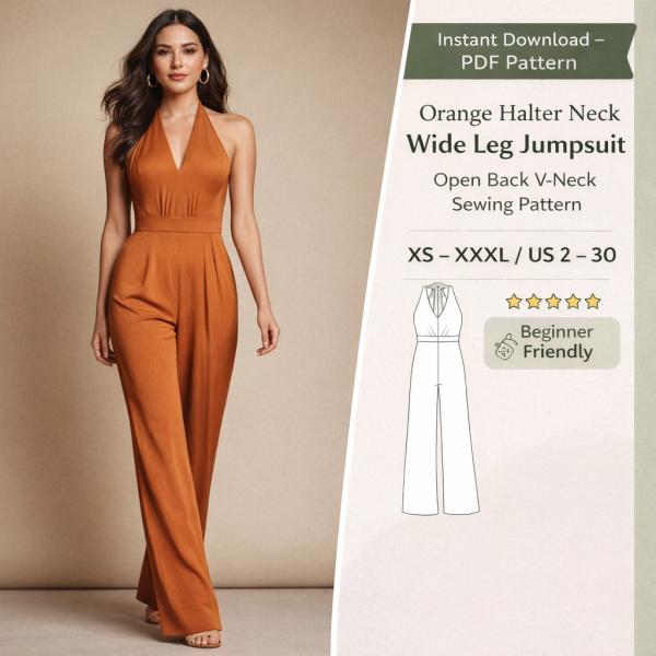 Orange Halter Neck Wide Leg Jumpsuit Open Back V-Neck Sewing Pattern PDF download sizes XS to XXXL beginner friendly