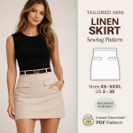 Woman wearing beige tailored mini linen skirt with black top and belt, showcasing beginner-friendly sewing pattern sizes XS-XXXL