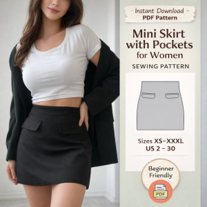 Woman wearing black mini skirt with pockets and white crop top, showcasing beginner-friendly mini skirt with pockets for women sewing pattern PDF