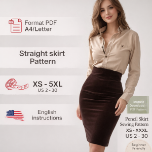 Woman wearing brown high-waisted pencil skirt with beige blouse showcasing beginner-friendly pencil skirt sewing pattern XS-5XL