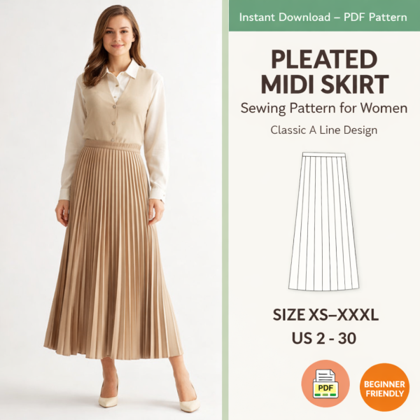 Woman wearing beige pleated midi skirt sewing pattern for women classic A line design with white blouse, PDF instant download sizes XS-XXXL