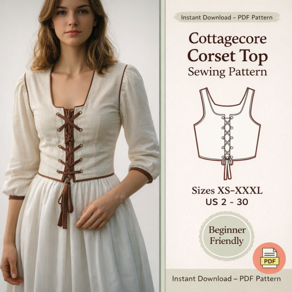 Woman wearing cream linen lace-up bodice with brown trim showcasing cottagecore corset top sewing pattern PDF sizes XS-XXXL