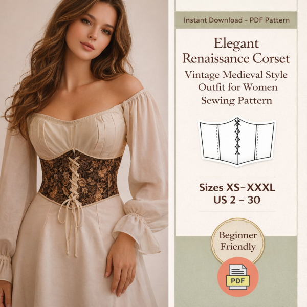 Woman wearing elegant Renaissance corset vintage medieval style outfit with cream peasant blouse and floral lace-up bodice sewing pattern