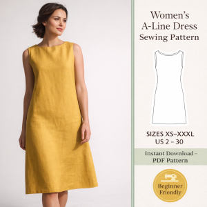Woman modeling yellow sleeveless linen dress with womens A-line dress sewing pattern diagram sizes XS-XXXL beginner friendly PDF