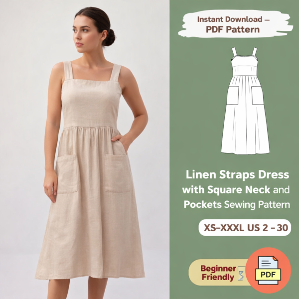 Woman wearing beige linen straps dress with square neck and pockets sewing pattern PDF download sizes XS to XXXL