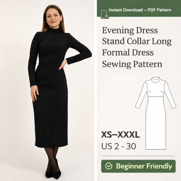 Woman wearing elegant black evening dress stand collar long formal dress sewing pattern PDF download sizes XS-XXXL beginner friendly