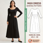 Woman wearing black long sleeve midi dress with scoop neckline and gathered waist next to midi dress sewing pattern diagram sizes XS-XXXL