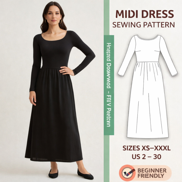 Woman wearing black long sleeve midi dress with scoop neckline and gathered waist next to midi dress sewing pattern diagram sizes XS-XXXL