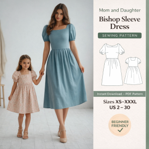 Mom and Daughter Bishop Sleeve Dress Sewing Pattern with matching blue and floral dresses, beginner friendly PDF sizes XS-XXXL