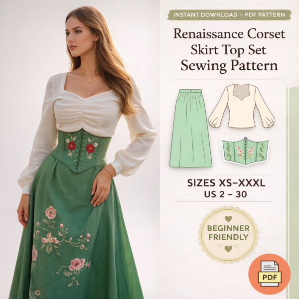 Woman wearing green floral embroidered corset and skirt with cream blouse from Renaissance Corset Skirt Top Set Sewing Pattern PDF