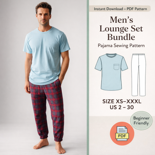 Men's Lounge Set Bundle Pajama Sewing Pattern featuring man in light blue tee and red plaid pants, sizes XS-XXXL PDF download